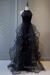 Vintage A Line Halter Black Party Dresses Sequin Semi Formal Prom Dresses